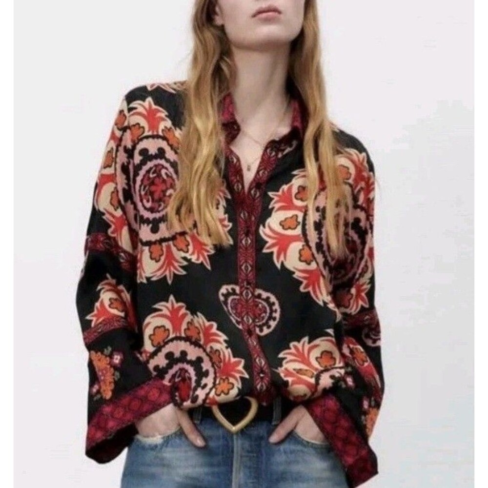 Zara  Women's Mix Media Embroidered Sleeve Bohemian Blouse Size XS